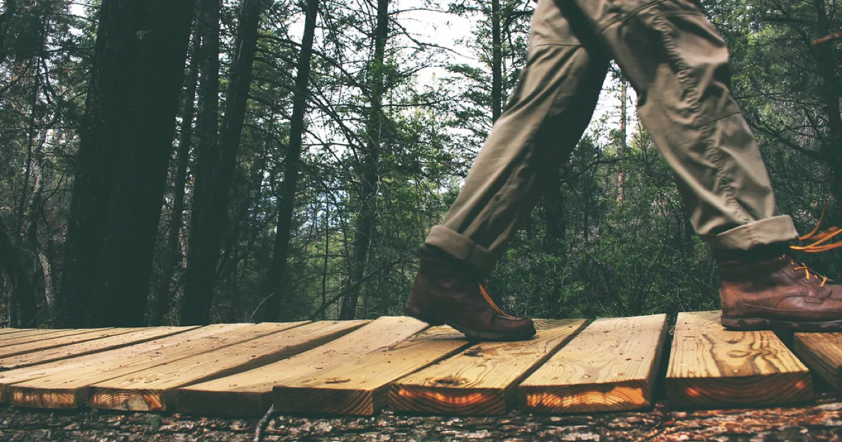 Marcheur en chaussures de randonnée sur un platelage de bois en forêt