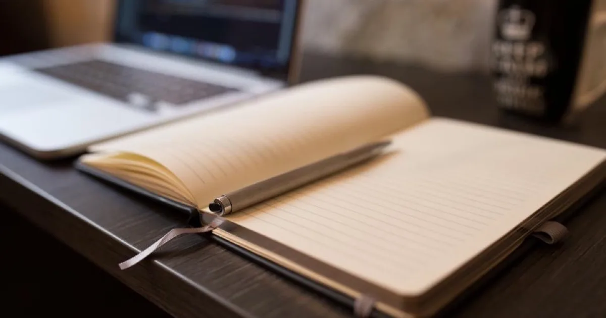 Carnet ouvert avec un stylo posé dessus, sur un bureau en bois, ambiance calme propice à la lecture et à l'écriture
